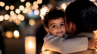 Tender moment between mother and young child with curly hair against warm bokeh lights background, expressing love, care and family bonding.