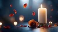 Glowing white candle with orange rose and scattered petals against dark background with soft bokeh lights creating romantic atmospheric mood.