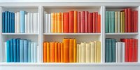 Colorful books arranged by spectrum colors on white wooden shelves create modern minimalist library interior design. Clean organized bookshelf with rainbow gradient effect.
