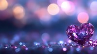 Purple crystal heart on blurred bokeh background with soft pink and blue lights creating romantic atmosphere for Valentine's day cards and love concepts.
