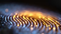 Glowing golden wave pattern with bokeh light effects on dark background creates futuristic technology mood, macro photography with shallow depth of field.