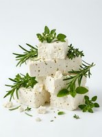 Stacked fresh cheese cubes with rosemary, thyme, and basil herbs on white background, isolated for culinary and food styling use.