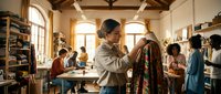 Young African American female fashion designer examining colorful textile in bright creative studio workshop with colleagues working in background.