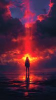 Dramatic silhouette of a woman standing on reflective water surface against apocalyptic red sky with ethereal light beam, perfect for book covers and fantasy art projects.