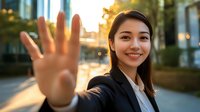 Young Asian businesswoman in black suit waving hello with friendly smile during sunset in urban setting, positive professional attitude for corporate communications.