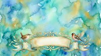 Watercolor illustration featuring two birds perched on ornamental golden banner with flowing ribbons against soft blue and yellow cloudy background. Suitable for greeting cards, invitations, and decorative designs.