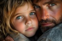 Close-up portrait of father and young daughter with striking blue eyes and gentle expressions, sharing tender moment against dark background, dramatic lighting.