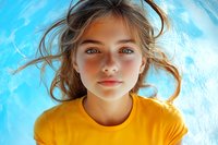Young woman with natural makeup wearing yellow t-shirt against blue background, wind blowing through brown hair, fresh glowing skin and bright eyes in soft lighting.