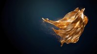 Flowing golden liquid fabric with sparkling particles against dark blue background, creating dynamic movement and luxury effect.