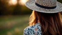 Young woman wearing straw hat and floral shirt enjoying sunny outdoor moment with warm golden light creating peaceful summer atmosphere.