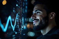 Middle Eastern businessman smiling while analyzing financial market data on digital screen with glowing blue charts and graphs in dark office environment.