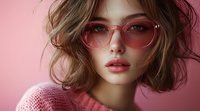 Young Asian woman with pink tinted glasses and wavy brown hair wearing pink sweater against pink background, soft beauty portrait with dreamy romantic mood.
