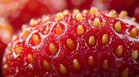 Fresh ripe strawberry macro shot showing detailed texture of yellow seeds on bright red fruit surface with natural morning dew drops and soft bokeh background.