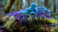 Vibrant blue and purple mushrooms growing on moss-covered log in mystical forest setting, creating magical woodland atmosphere.