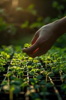 Hand gently holding young seedling in greenhouse nursery, bathed in golden sunlight among rows of green sprouts for sustainable gardening.
