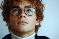 Young male with curly brown hair wearing round glasses and white turtleneck sweater looking up with contemplative expression against light blue background. Close up portrait.