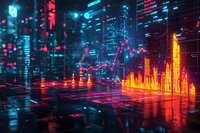Futuristic financial data visualization with glowing charts and graphs reflecting on glossy surface against urban night cityscape background in neon blue and orange colors.
