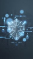 Digital healthcare security shield with medical cross symbol on futuristic circuit board background for data protection and cybersecurity applications.