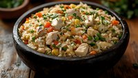 Homemade chicken fried rice with colorful vegetables and fresh herbs served in rustic black bowl on wooden table, close up view of traditional Asian cuisine.