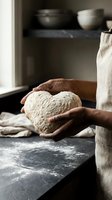 Baker hands holding fresh artisan bread dough in rustic kitchen with flour dust and natural lighting for homemade baking and cooking concepts.