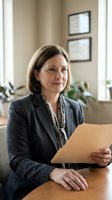 Professional mature businesswoman in gray suit reviewing documents at office desk with diplomas on wall background for corporate presentations.