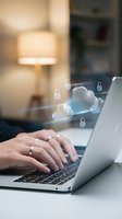 Hands typing on laptop with glowing cloud computing security icons and padlock symbols floating above keyboard in modern office environment.