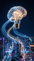Glowing brain lightbulb with energy streams flowing over illuminated city skyline at night representing innovation and creative thinking in business.