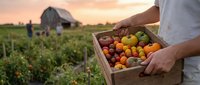 Farmer holding wooden crate filled with fresh organic vegetables at sunset on farm with barn in background for healthy eating and agriculture concepts.