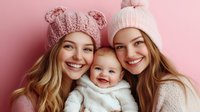 Happy family portrait of two young Caucasian women with blonde hair wearing pink knitted winter hats smiling with adorable baby in white sweater against soft pink background.