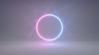 Glowing neon circle with pink and blue gradient light effect on neutral background, isolated for design use on merchandise and digital projects.