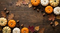 Autumn harvest frame with orange and white pumpkins, colorful fall leaves, acorns and pine cones arranged on rustic wooden background with copy space.