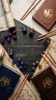Tabletop role-playing game setup with colorful polyhedral dice, character sheets, pencils and fantasy books on wooden surface for gaming adventures.