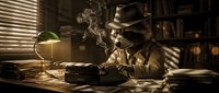 Vintage writer at desk with typewriter, smoking cigarette under desk lamp in noir-style office setting. Suitable for literary, journalism, and retro creative projects.