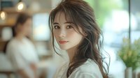 Young Asian woman with long wavy hair and natural makeup smiling softly in a bright cafe setting with blurred background.