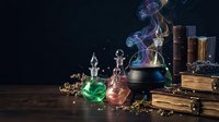 Magical alchemy laboratory with glowing potions, ancient books, and mystical smoke effects on dark wooden table for fantasy themed designs.