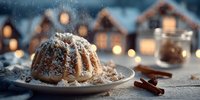 Traditional bundt cake dusted with powdered sugar on festive table with warm lights and cozy winter village background for holiday baking and seasonal celebrations.