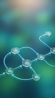 Glowing network nodes with circuit connections and data flow on blurred teal gradient background, representing digital communication, blockchain technology, and interconnected systems.
