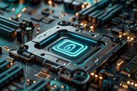 Glowing lock icon on computer processor chip with circuit board components in dark teal and orange tones, representing cybersecurity and data protection.