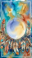 Watercolor dreamcatcher with ornate feathers and circular frame on vibrant teal and orange background, boho spiritual art for print and decor.