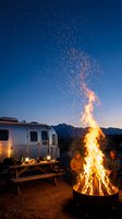Camping fire with sparks flying into starry night sky, RV trailer and people enjoying outdoor adventure in mountain wilderness during twilight hour.