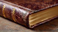 Antique leather-bound book with gold-edged pages and ornate spine details shown in macro close-up on wooden surface, highlighting rich brown texture and craftsmanship.