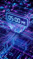 Futuristic neon digital clock displaying 5:00 PM floating above glowing circuit board with purple and blue cyberpunk lighting effects for tech designs.