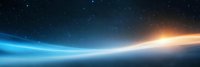 Cosmic horizon panorama with glowing blue and orange light waves against starry night sky background, creating ethereal atmospheric effect.