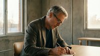 Senior man with gray hair and glasses, wearing olive blazer, writing at wooden desk in modern office with large windows and city view in background.