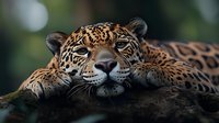 Close up portrait of resting jaguar with spotted fur pattern lying on dark surface against blurred natural background, showing detailed facial features and whiskers.