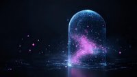Glowing pink particles trapped inside glass dome on dark background with magical light effects and reflective surface creating mystical atmosphere.