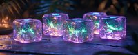 Glowing ice cubes with purple and green illumination on dark wooden surface create magical atmosphere for party decoration and festive events.