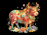 Colorful decorative cow with ornate patterns, flowers, and festive details isolated on transparent background. Ready for t-shirts, stickers, clipart, sublimation, and print-on-demand designs.