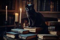 Mysterious black cat sitting on stack of vintage books with glowing candles in dark library setting, creating magical atmosphere for fantasy and halloween designs.