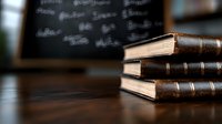 Stack of vintage leather-bound books on wooden table with blurred chalkboard background, creating scholarly atmosphere for education and learning concepts.